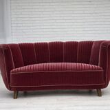 1960s, Danish 2-seater "Banana" sofa, red furniture velour, oak wood.