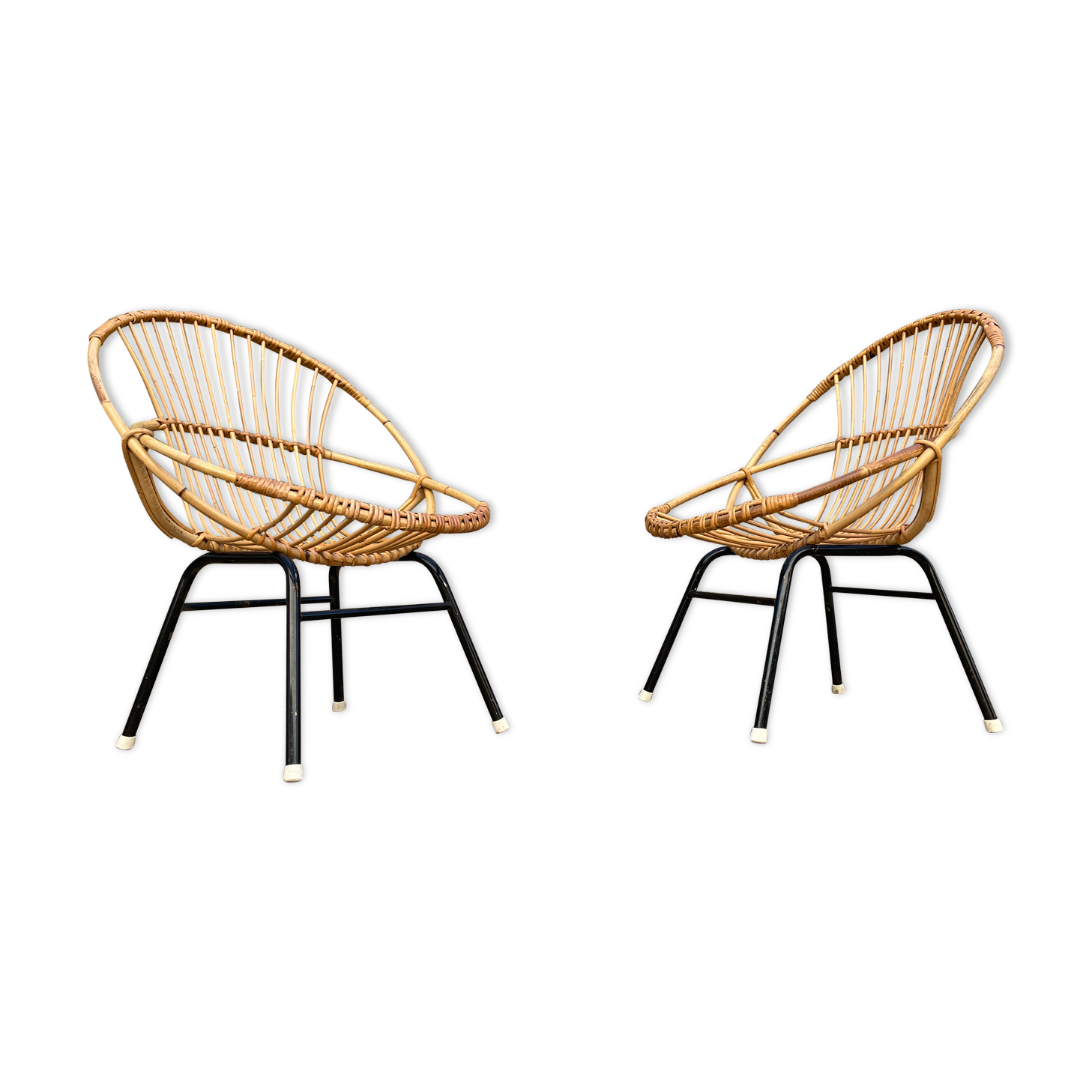 Pair of rattan and metal shell chairs, 1960