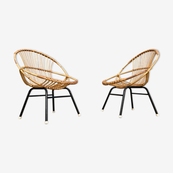 Pair of rattan and metal shell chairs, 1960