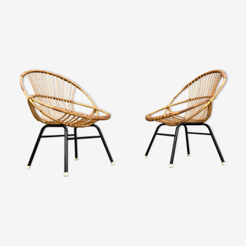 Paire de fauteuils coquille en rotin et métal, 1960