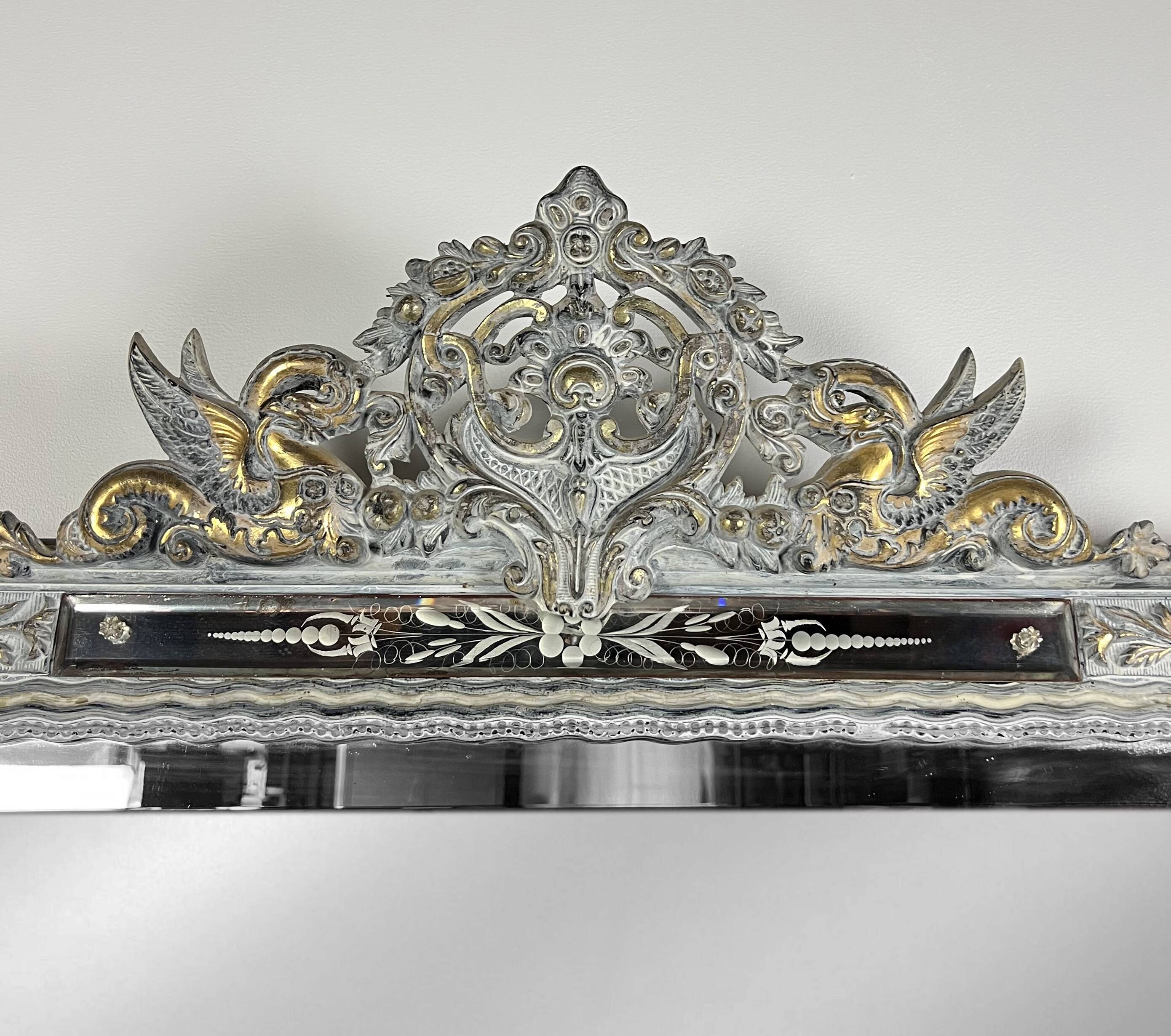 Grand miroir Venitien aux Cygnes, Glace Murano du XIXe siècle biseauté 133