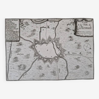 17th century copper engraving "Plan of the town of Dixmude" By Pontault de Beaulieu