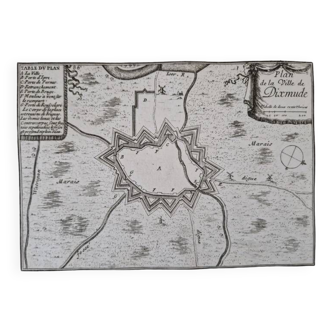 17th century copper engraving "Plan of the town of Dixmude" By Pontault de Beaulieu