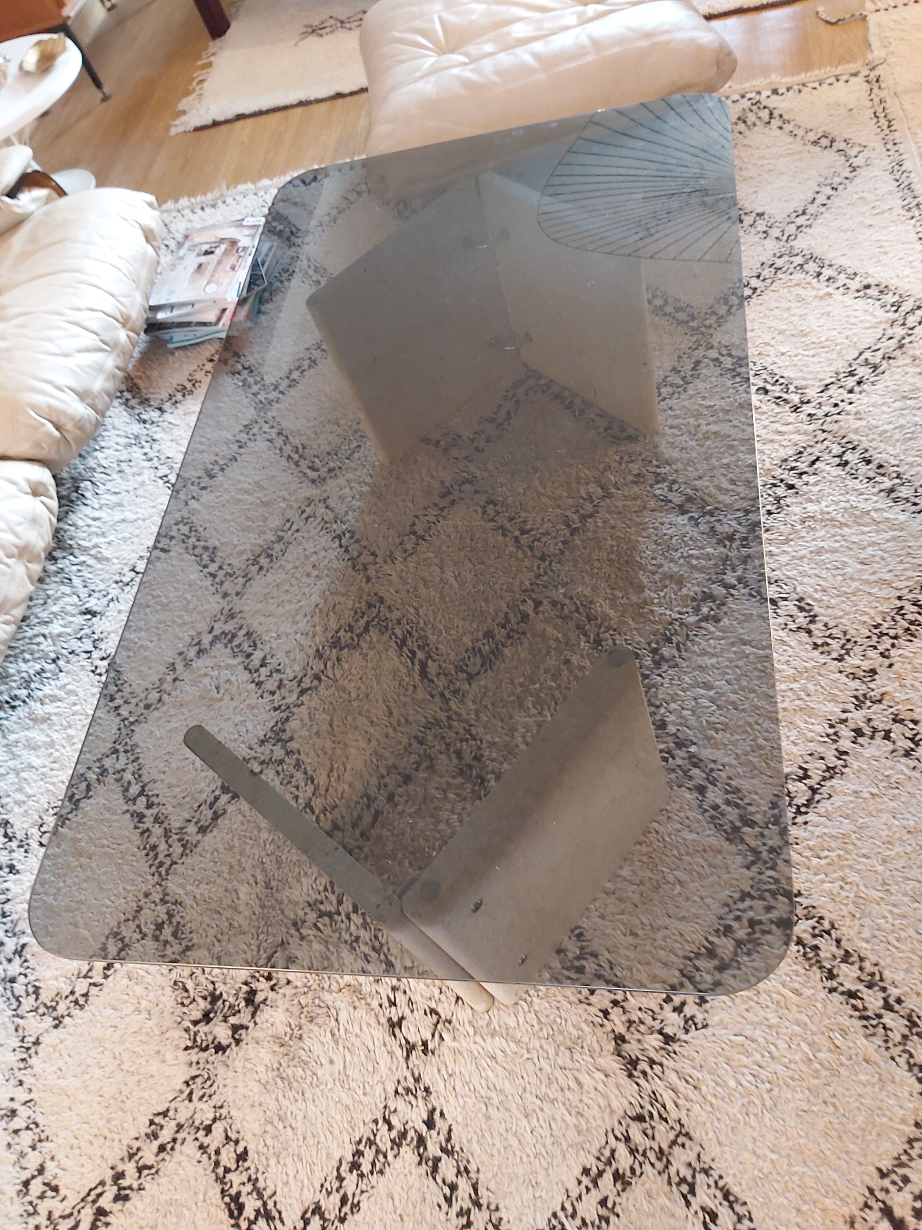 Large travertine coffee table and smoked glass