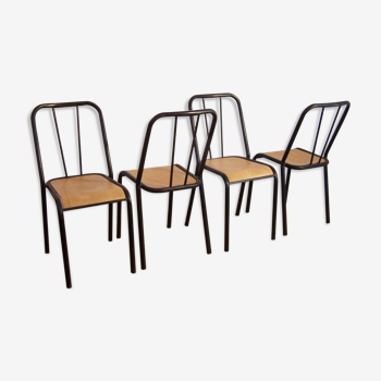 Lot de 4 chaises industrielles métal et bois années 50