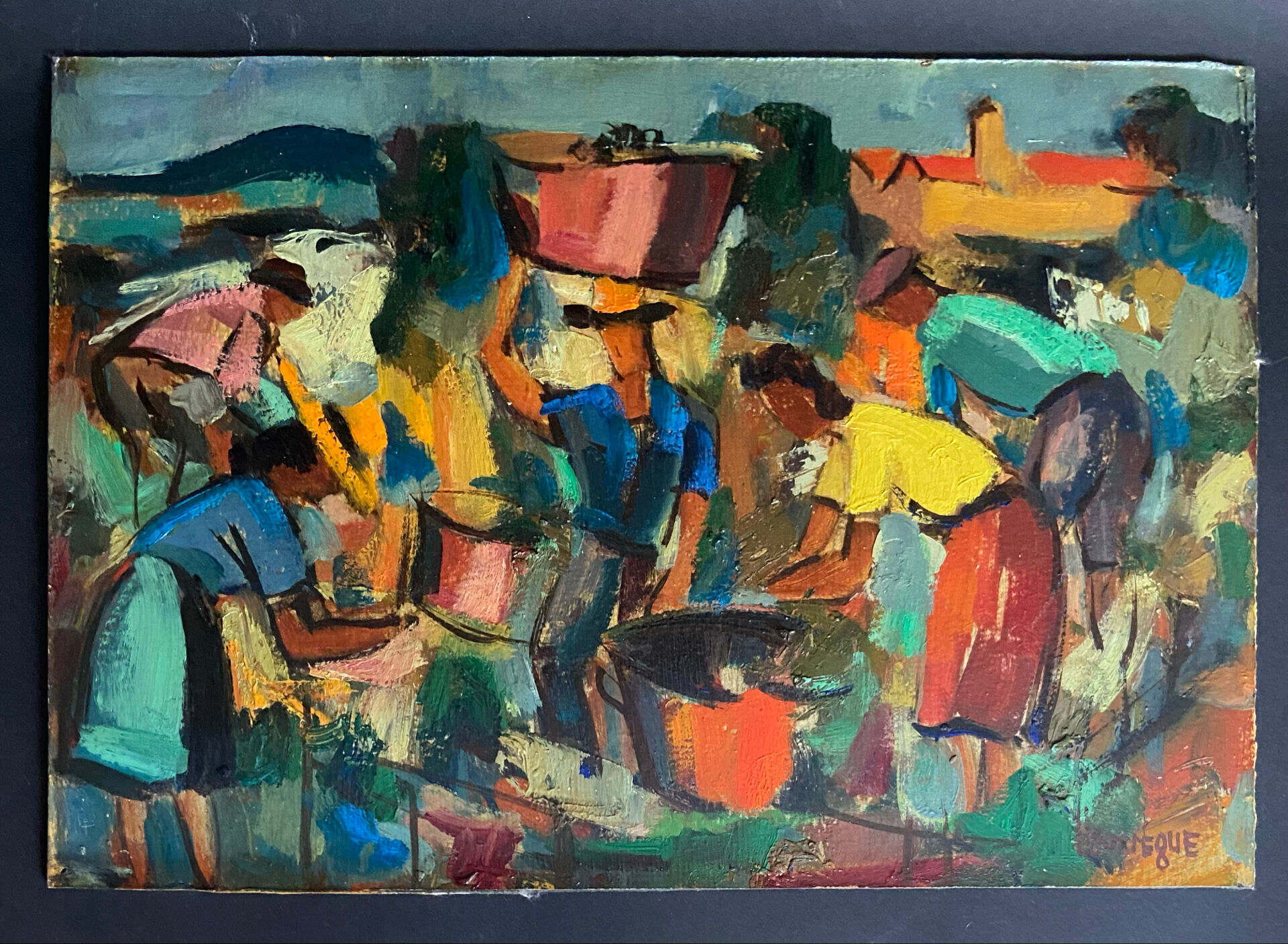 Huile sur carton signée Jean Hourrègue “Vendanges”