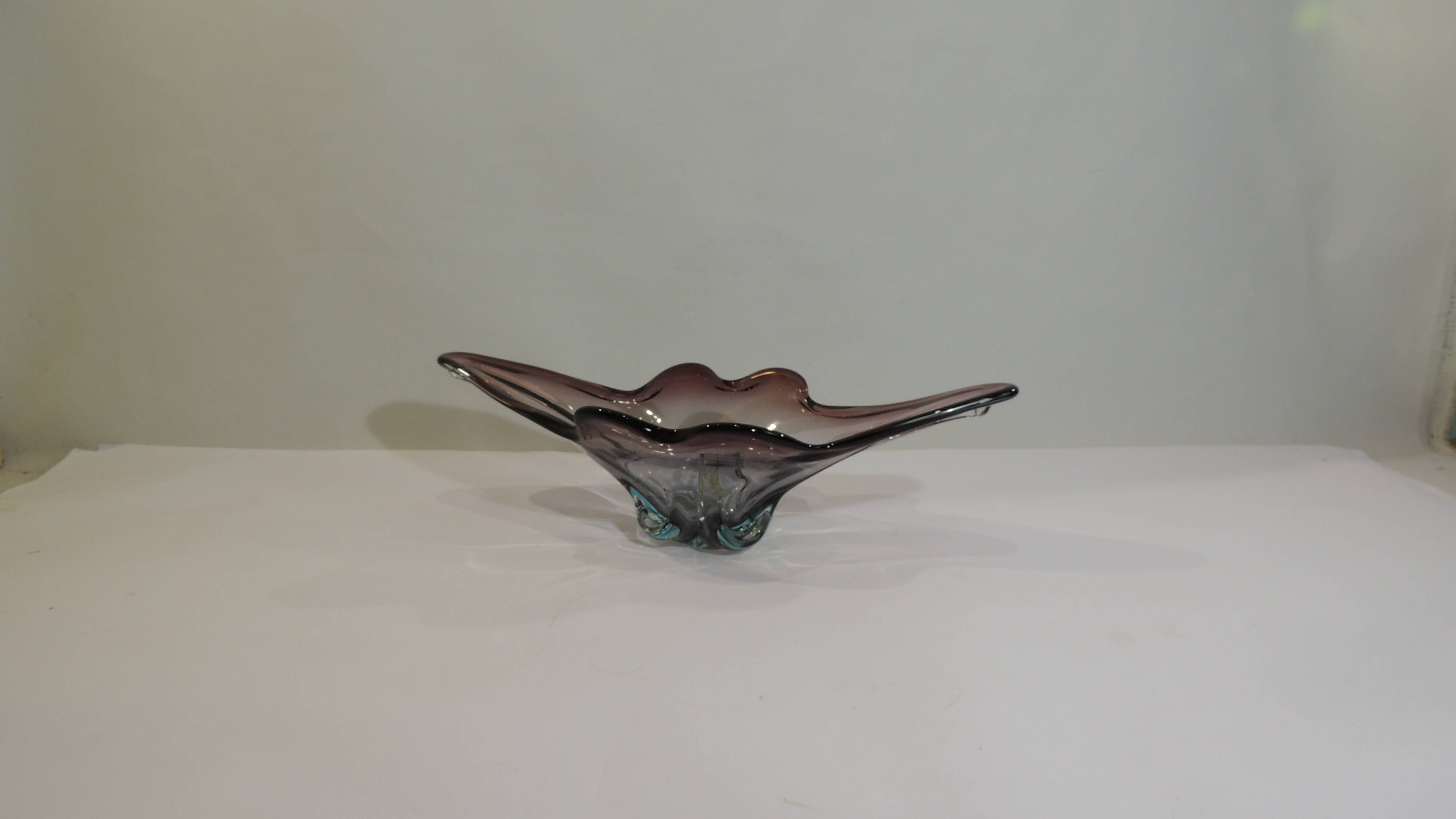 Murano style blown glass fruit bowl in purple with blue highlights - this