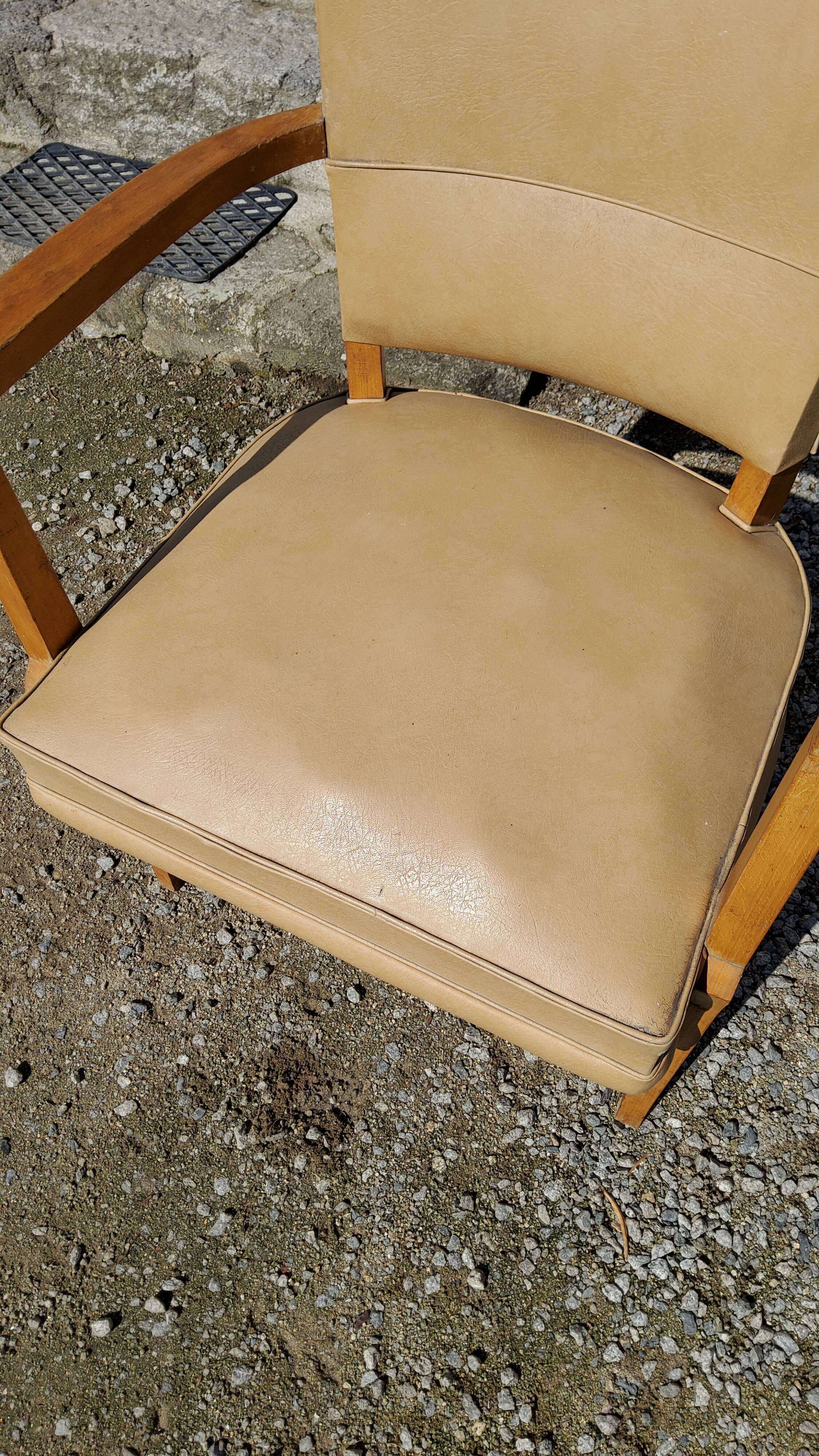 Office armchair from the 50s in beech tinted sycamore and moleskine