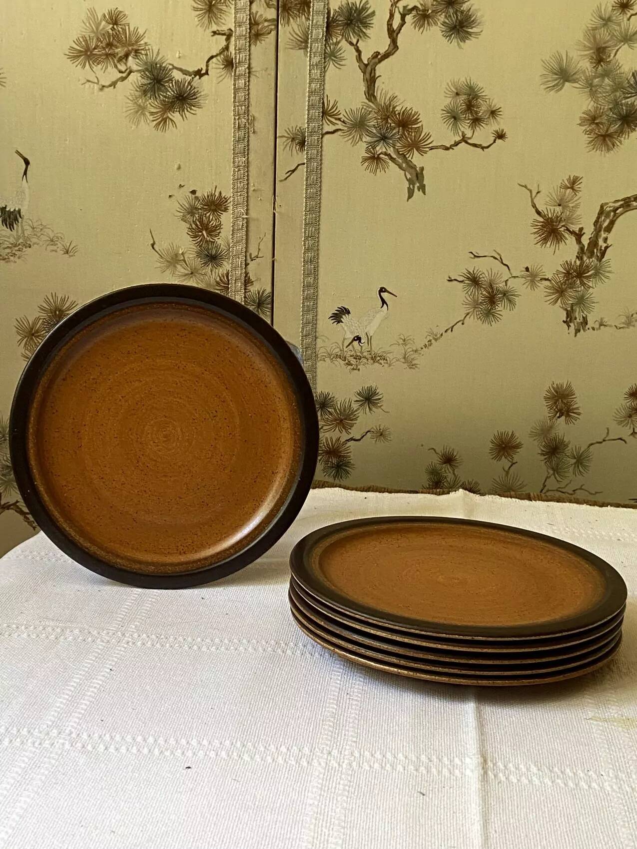Set of 6 dessert or starter plates in Meylan stoneware – Faïence de St Amand, handmade, vintage 70s