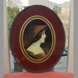 Tableau fixé sous verre ancien femme au chapeau