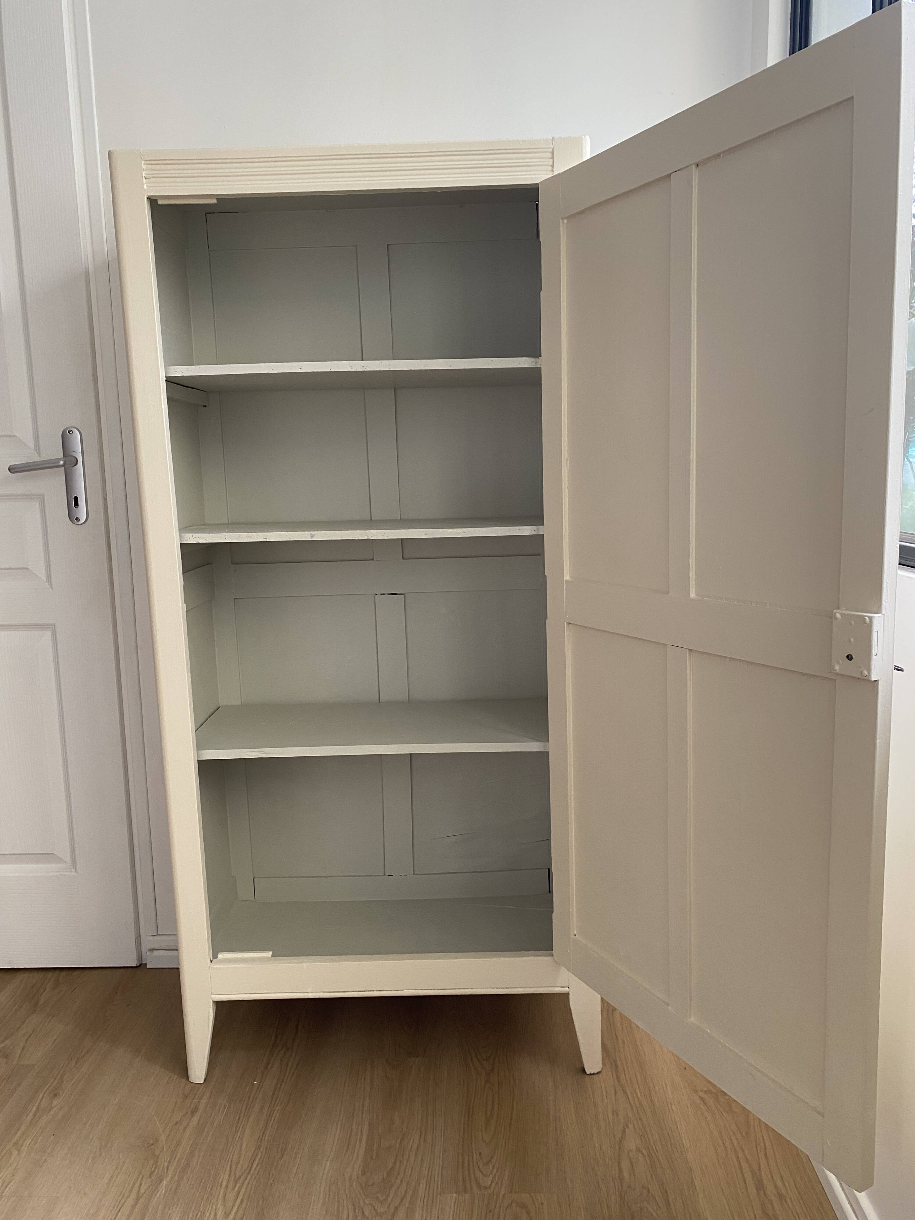 Vintage Parisian wardrobe painted in linen white, one door, three shelves