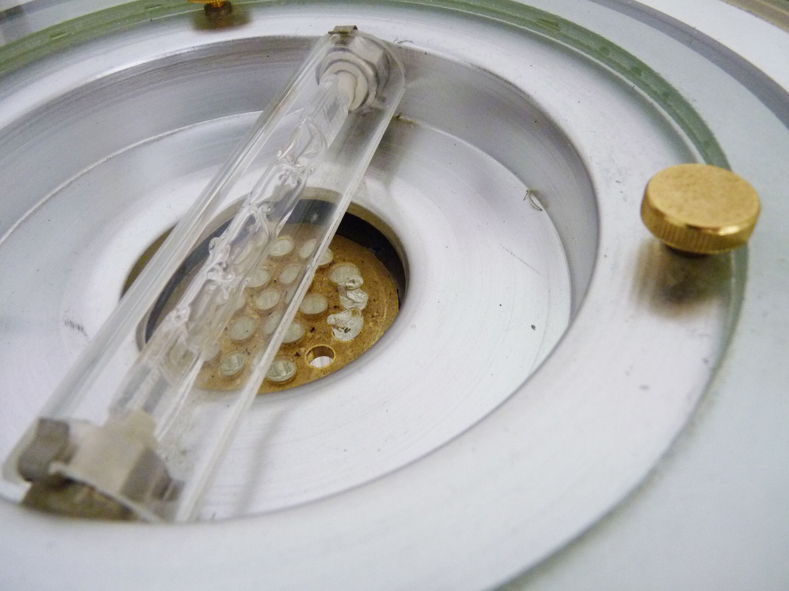 Venini-style halogen chandelier with two arms in brass, anthracite metal and glass. Eighties