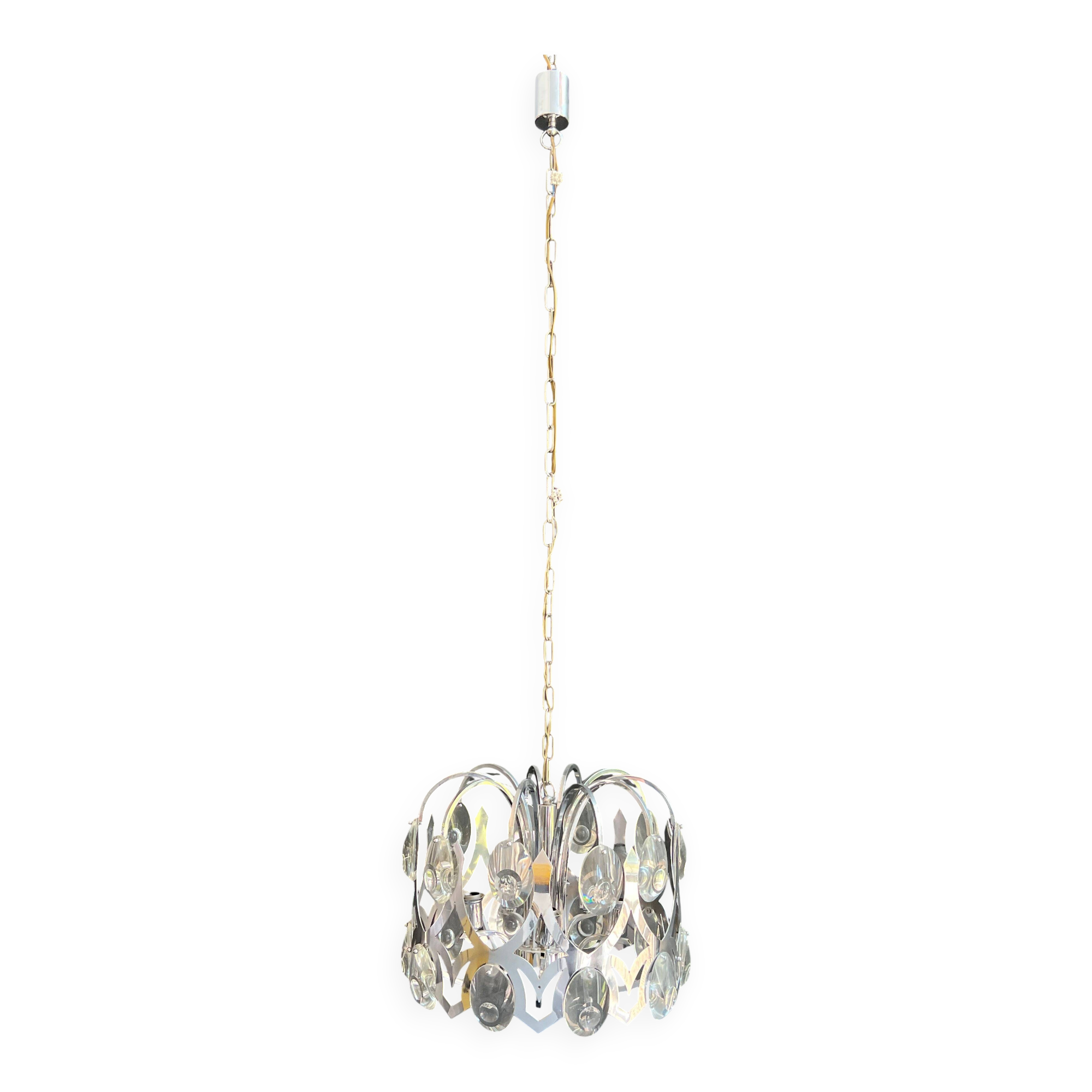 Lustre design en chrome et cristaux de Angelo Gaetano Sciolari. Vers 1970