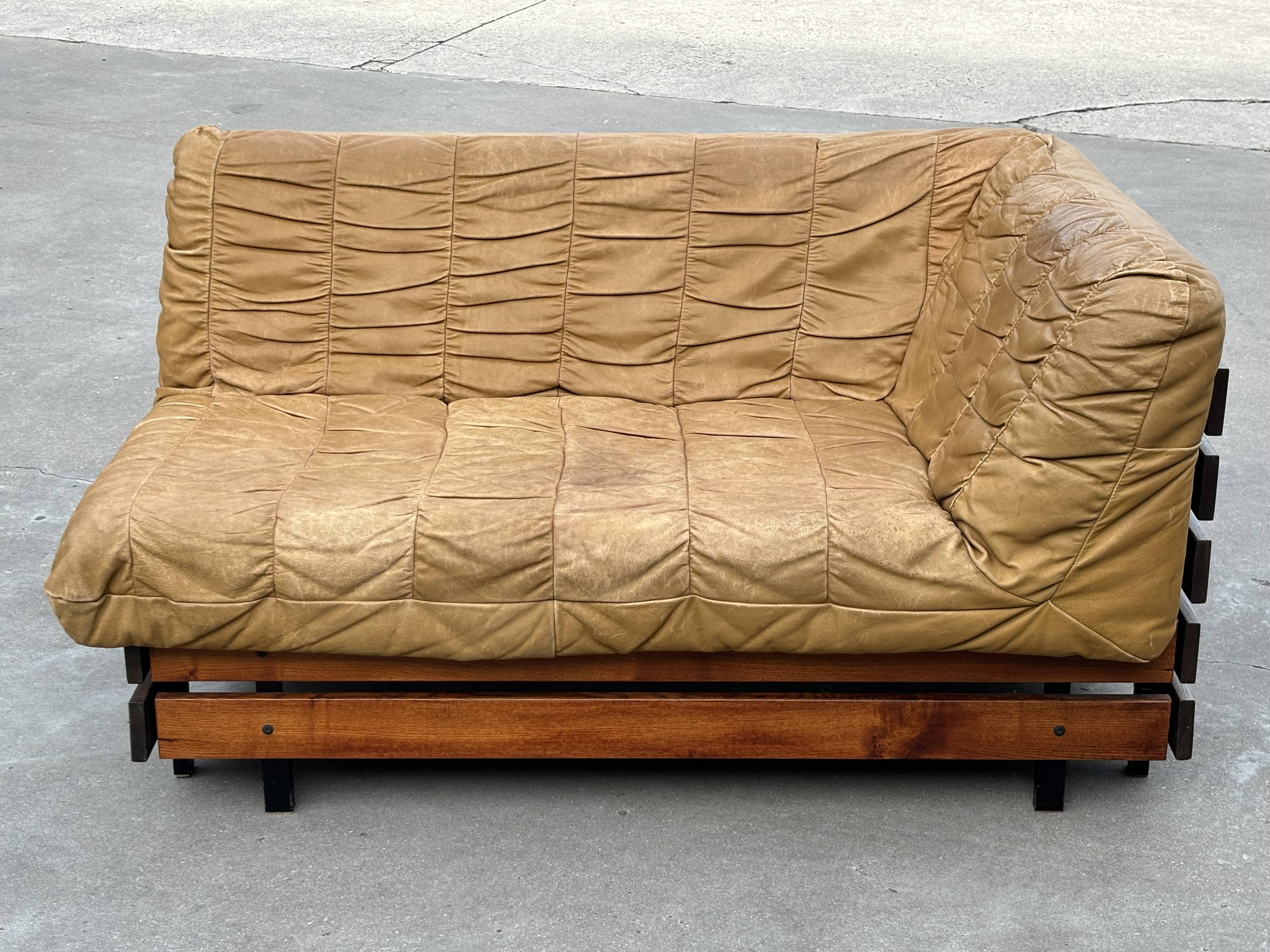 Vintage cognac brown sofa, small slatted model, 1970s