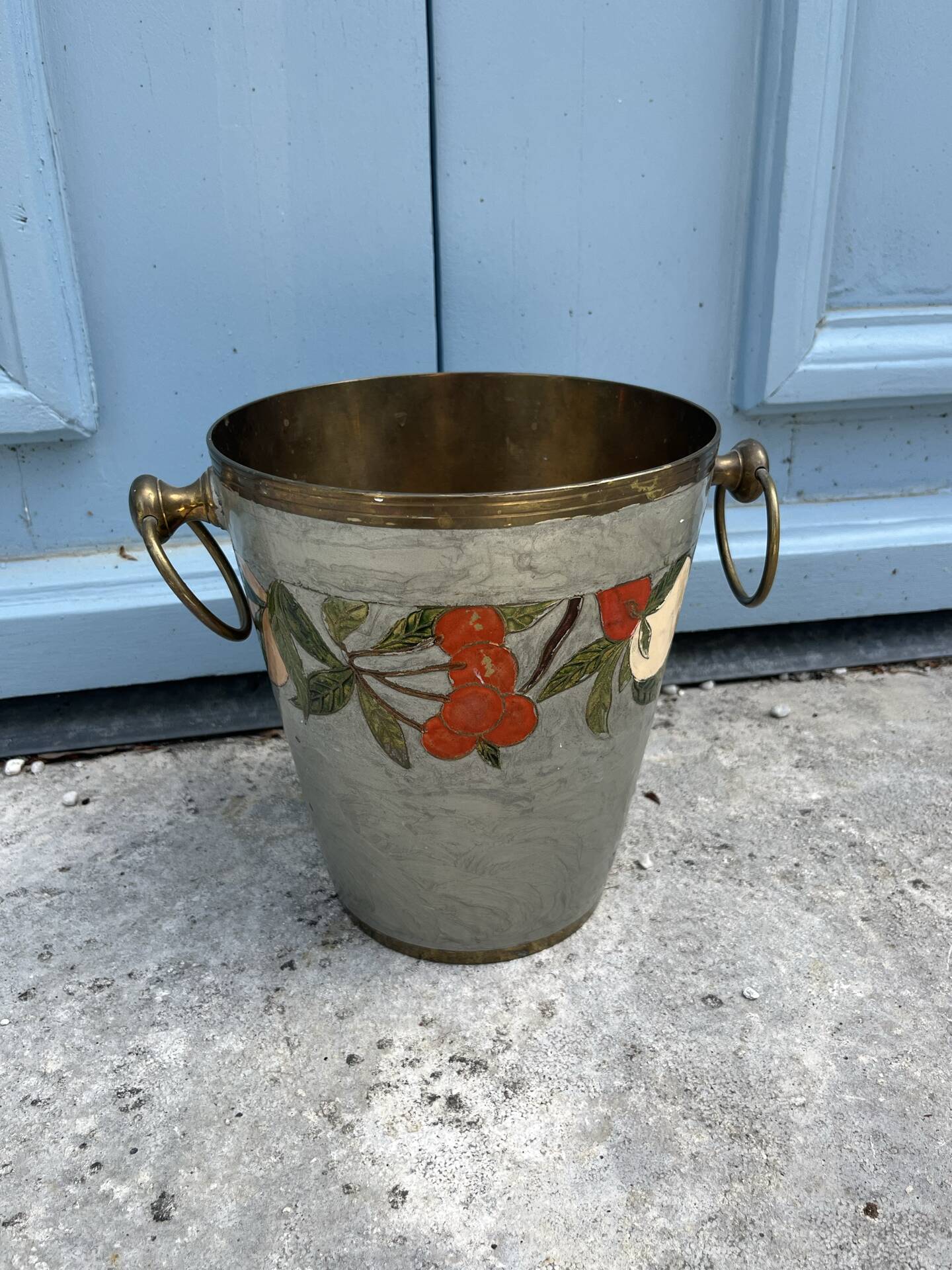 French Cloisonné Champagne Bucket with Fruit Garland & Brass Handles
