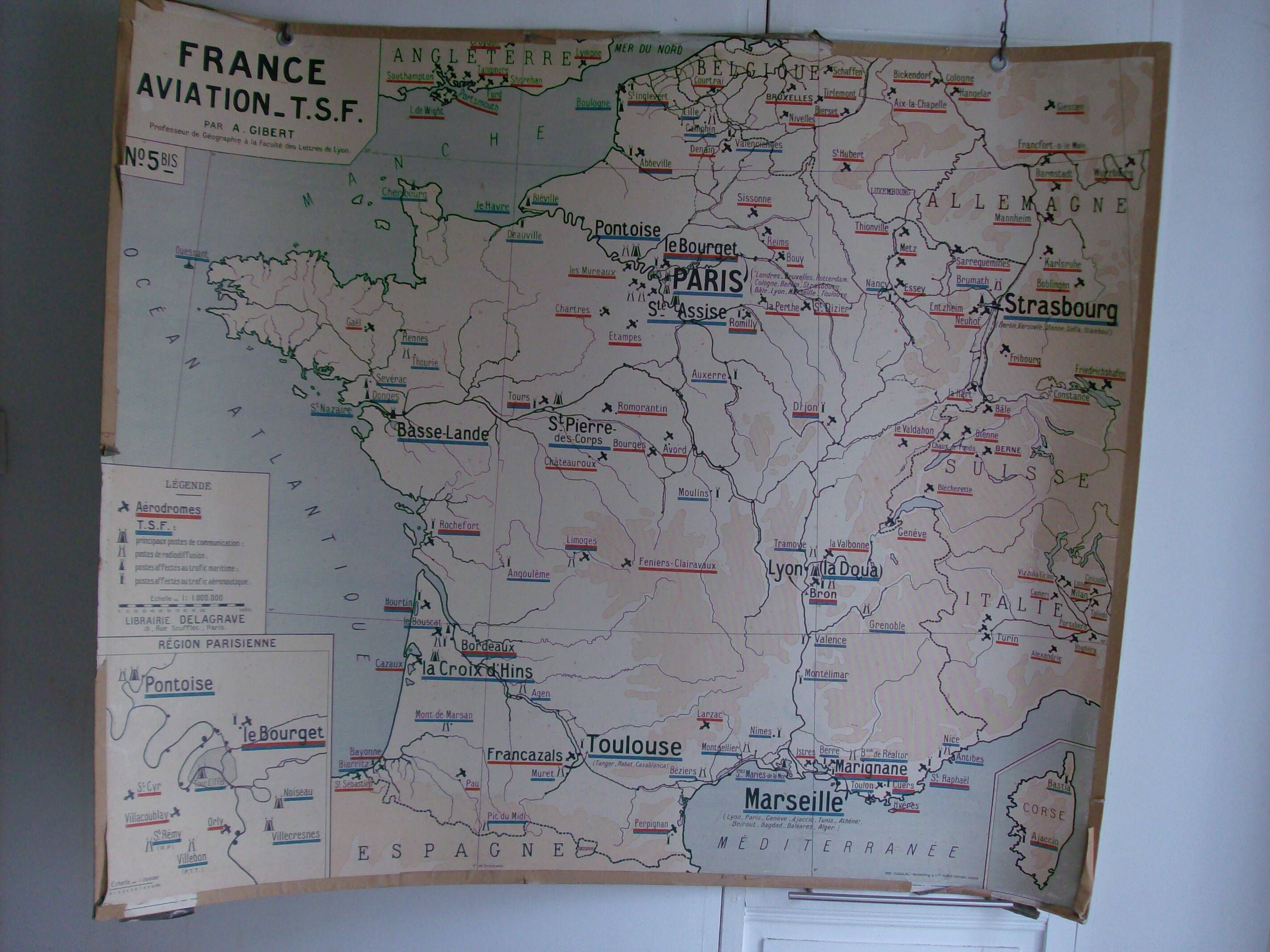 Old school map of geography France aviation waterways TSF by Gibert