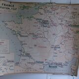 Ancienne carte scolaire de géographie France voies navigables aviation TSF par Gibert