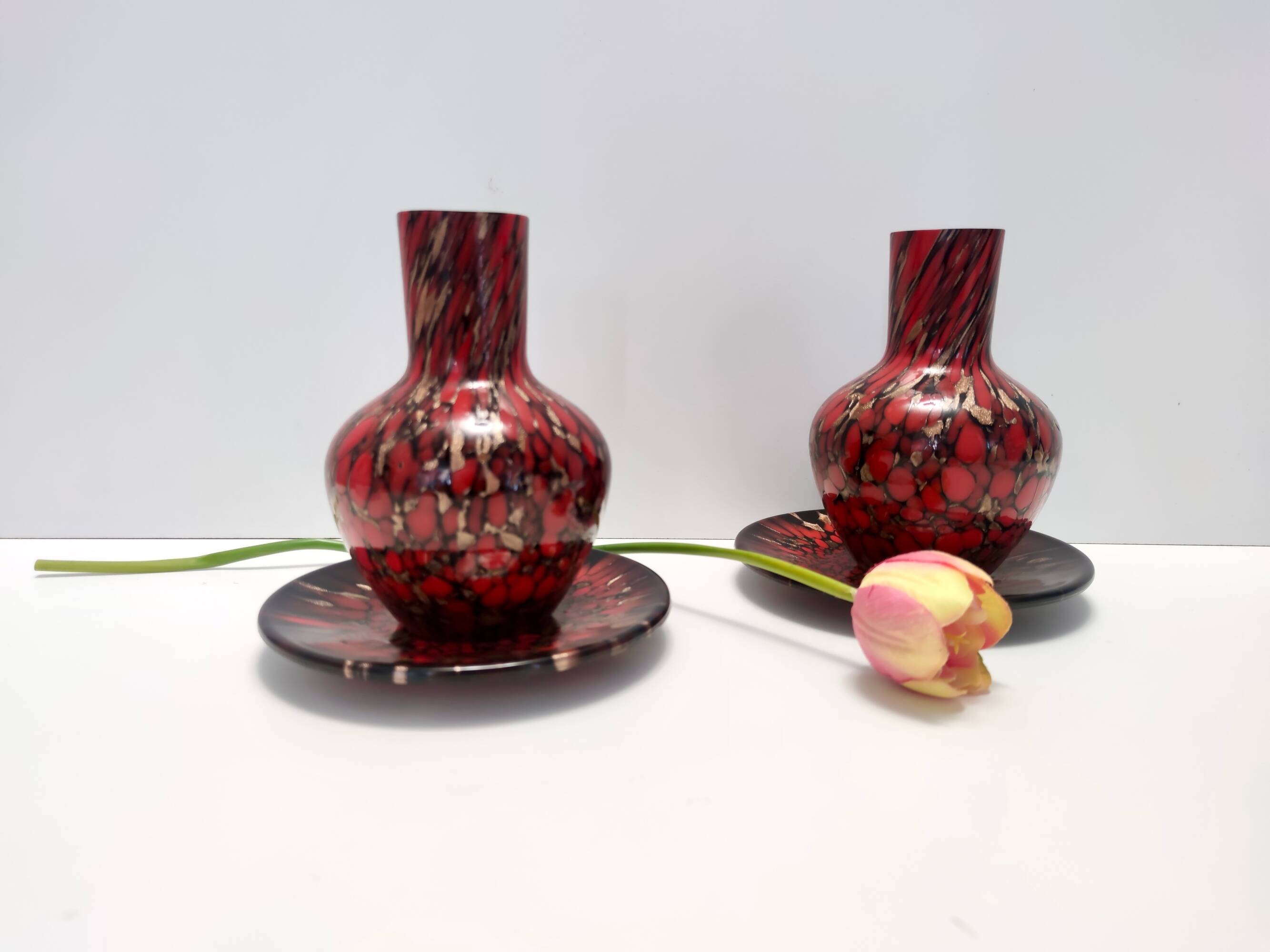 Black and Red Murano Glass Vases by Vincenzo Nason with Bronze Aventurine Glass