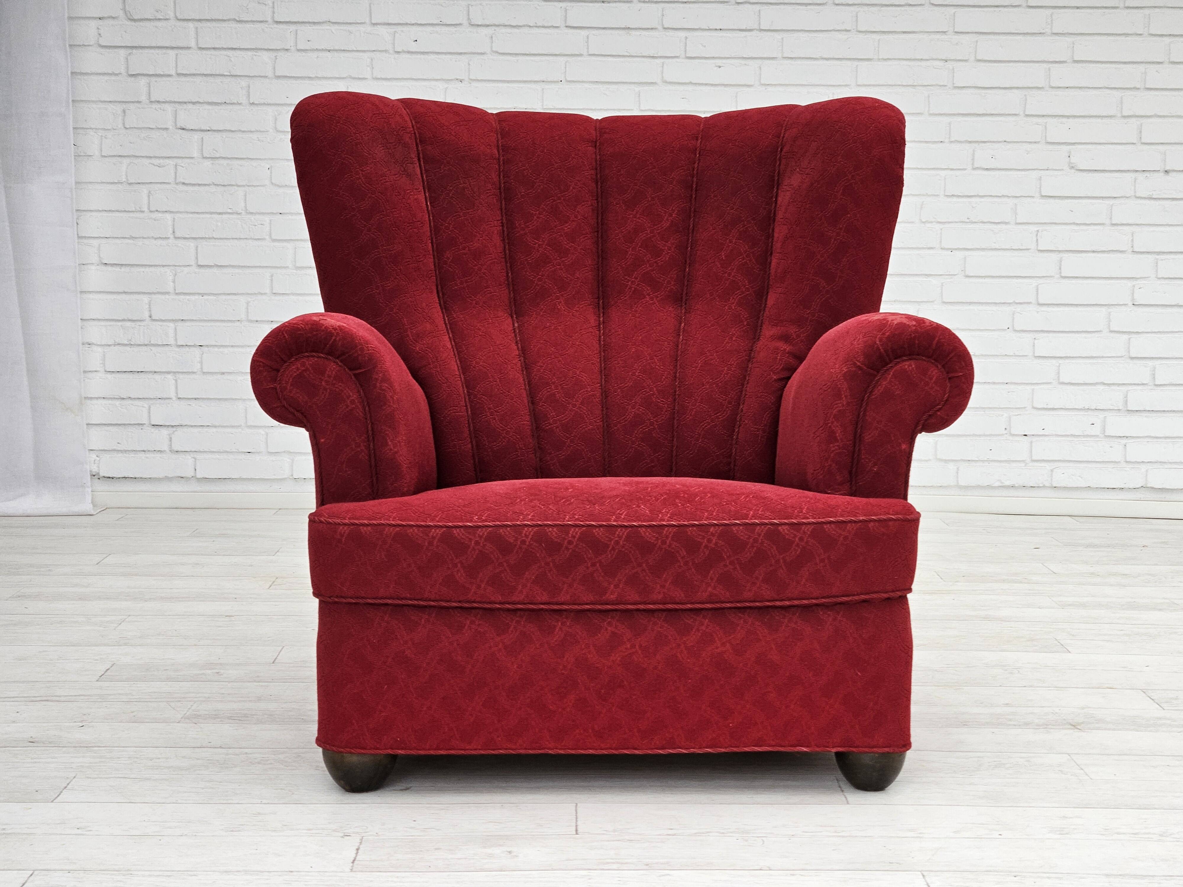 1960s, Danish relax armchair, original condition, red cotton/wool, oak wood.
