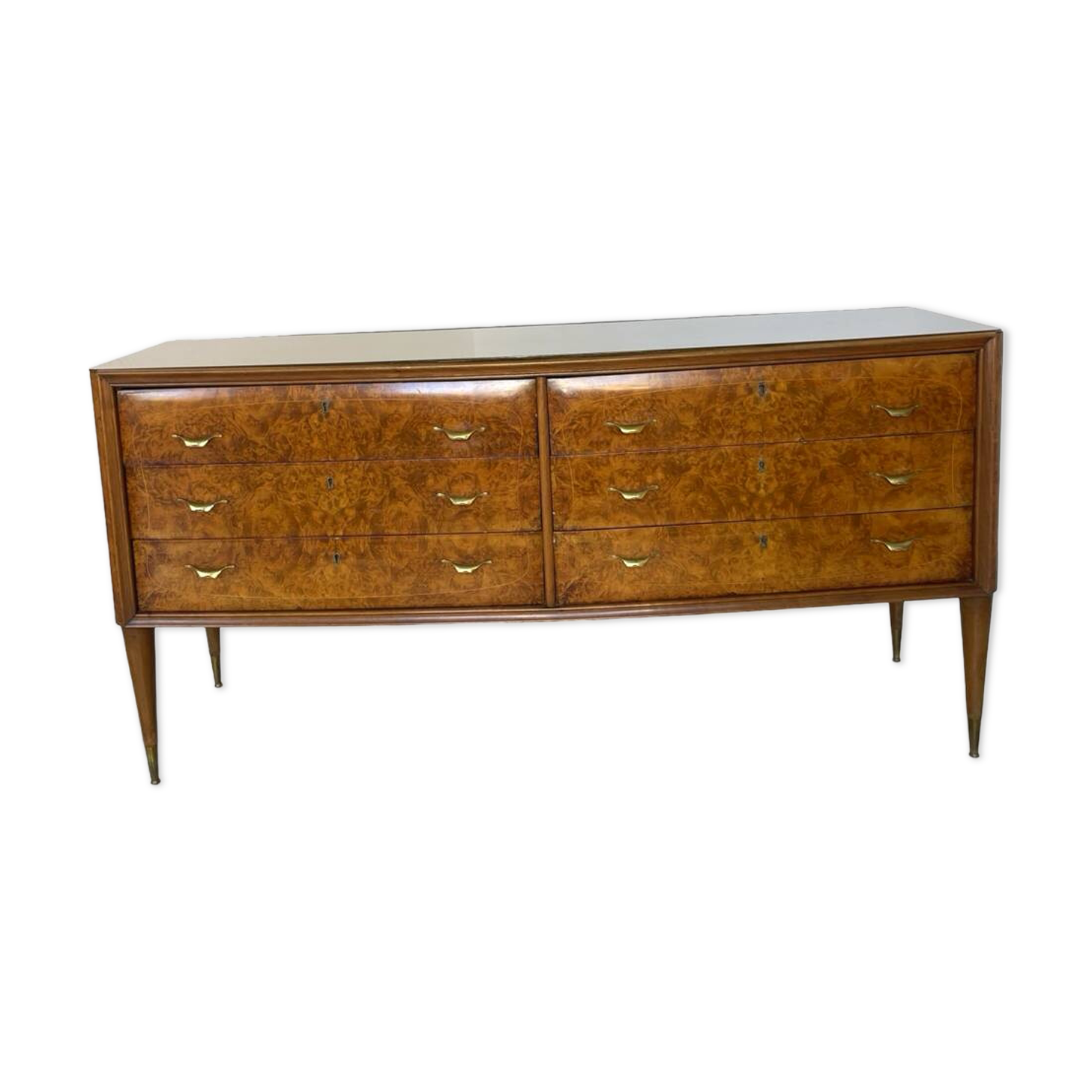 Veneered burl walnut chest of drawers with light warm brown glass top