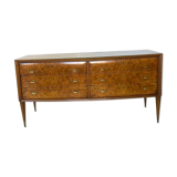 Veneered burl walnut chest of drawers with light warm brown glass top