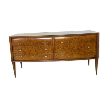 Veneered burl walnut chest of drawers with light warm brown glass top