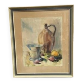 Aquarelle du milieu du siècle sur papier 'Nature morte' par inconnu, vintage et encadrée 39×44cm