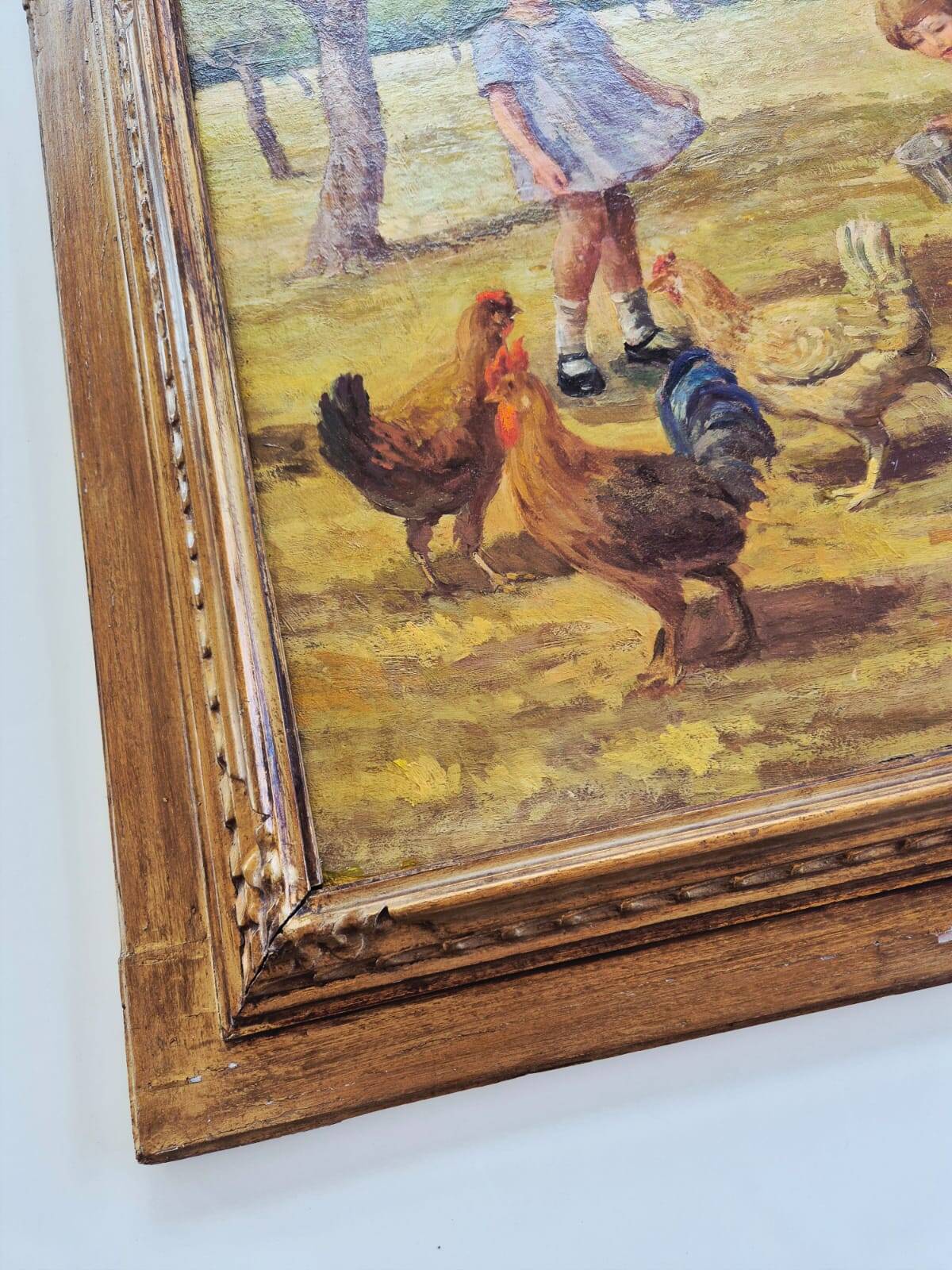 Oil Painting on Canvas "Children at the Farm" Signed Lo Presti - Gilded Frame