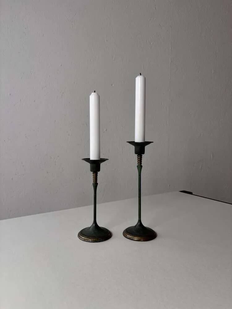 Set of two green bronze Italian candlesticks from the 1980s.