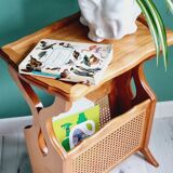 Side table with wooden and cane magazine holder