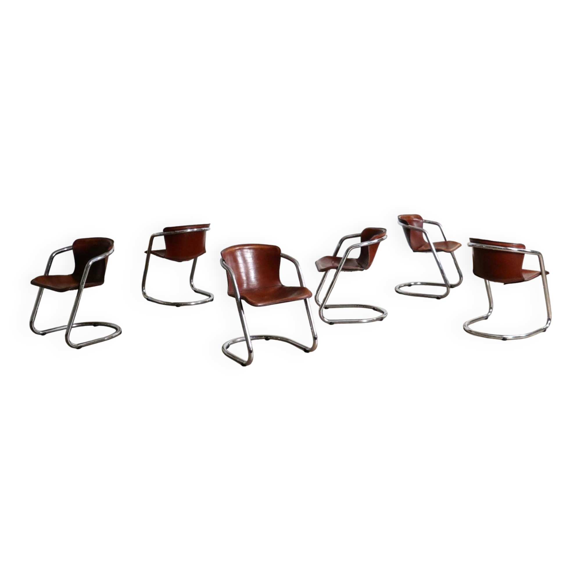 Set of 6 tubular chrome and saddle leather dining chairs for Metaform, 1970