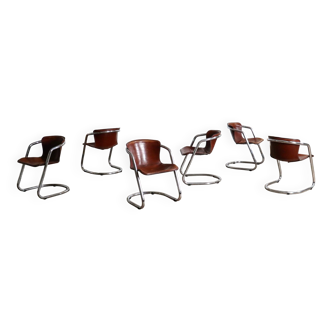 Ensemble de 6 chaises de salle à manger tubulaires en chrome et cuir pour Metaform, 1970