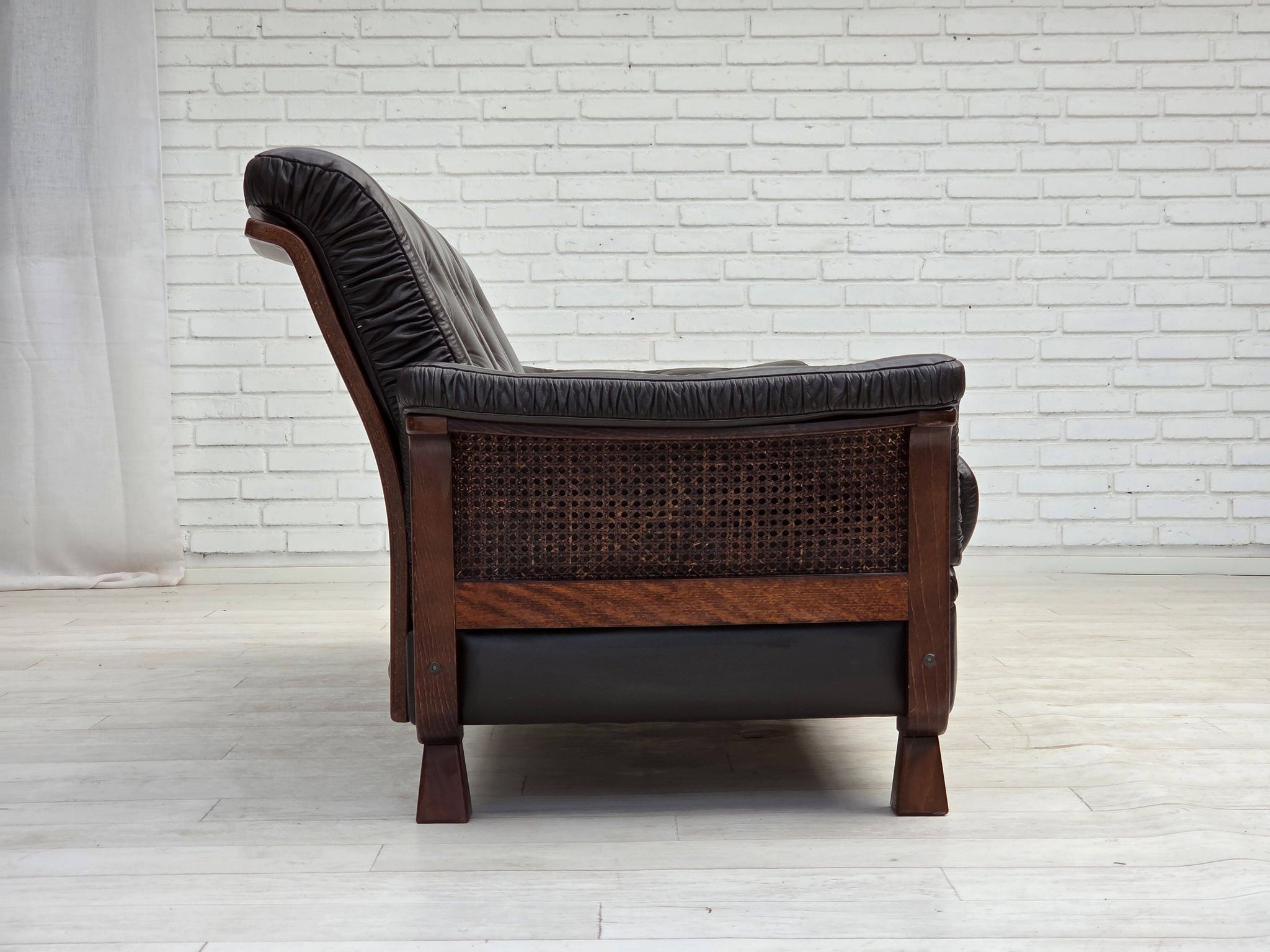 1970s, Scandinavian 3-seater sofa, furniture leather, teak wood legs.