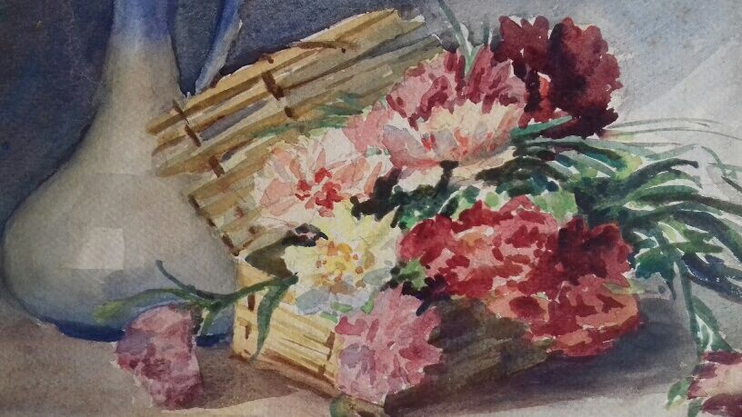 Ancient watercolor with flower basket and pitcher