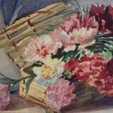 Aquarelle ancienne avec panier fleuri et pichet