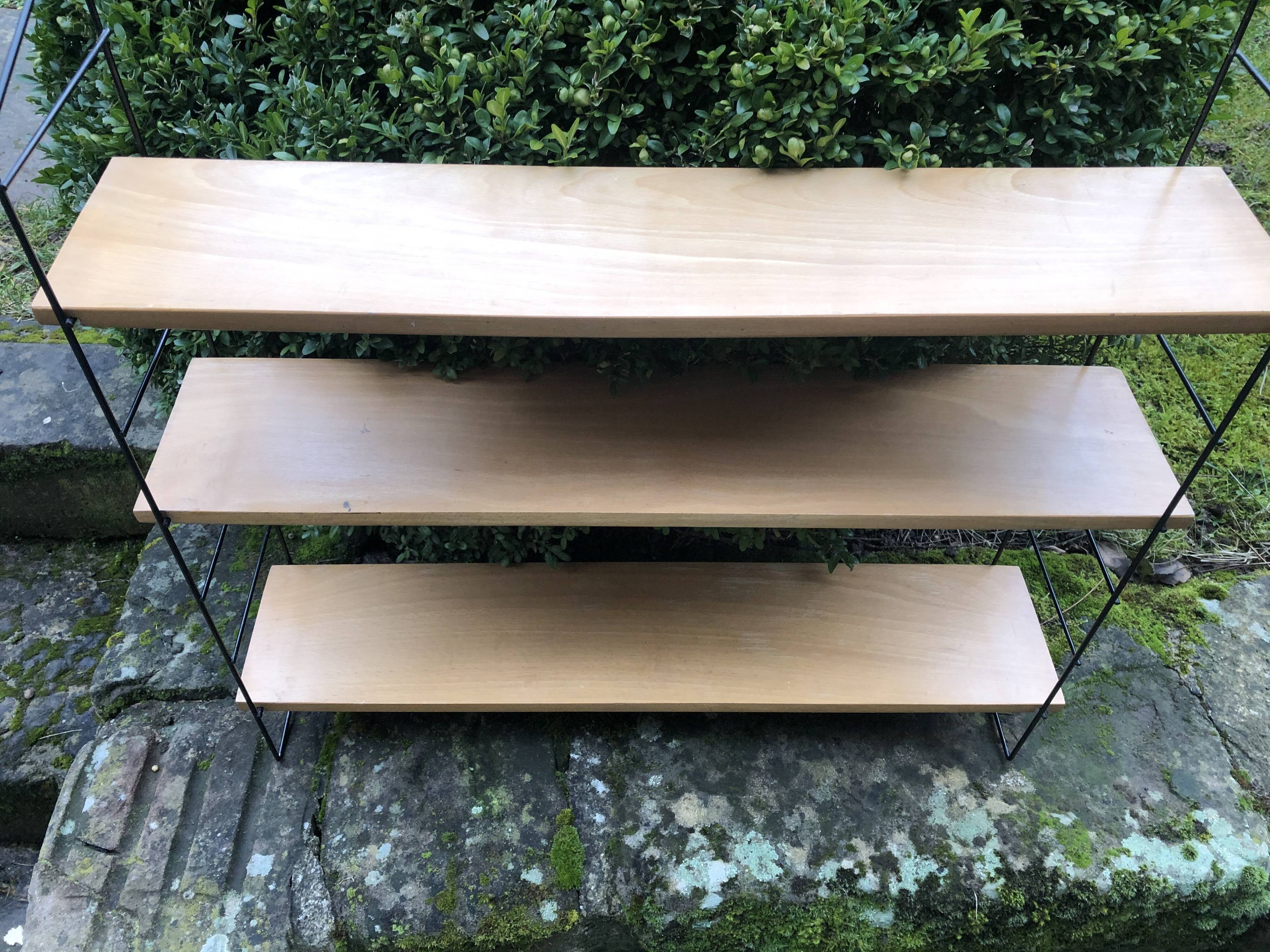 Wall shelf String lacquered metal black and light wood 1960
