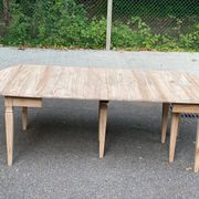 Renovated square extendable dining table in raw solid cherry wood, Louis XVI style.