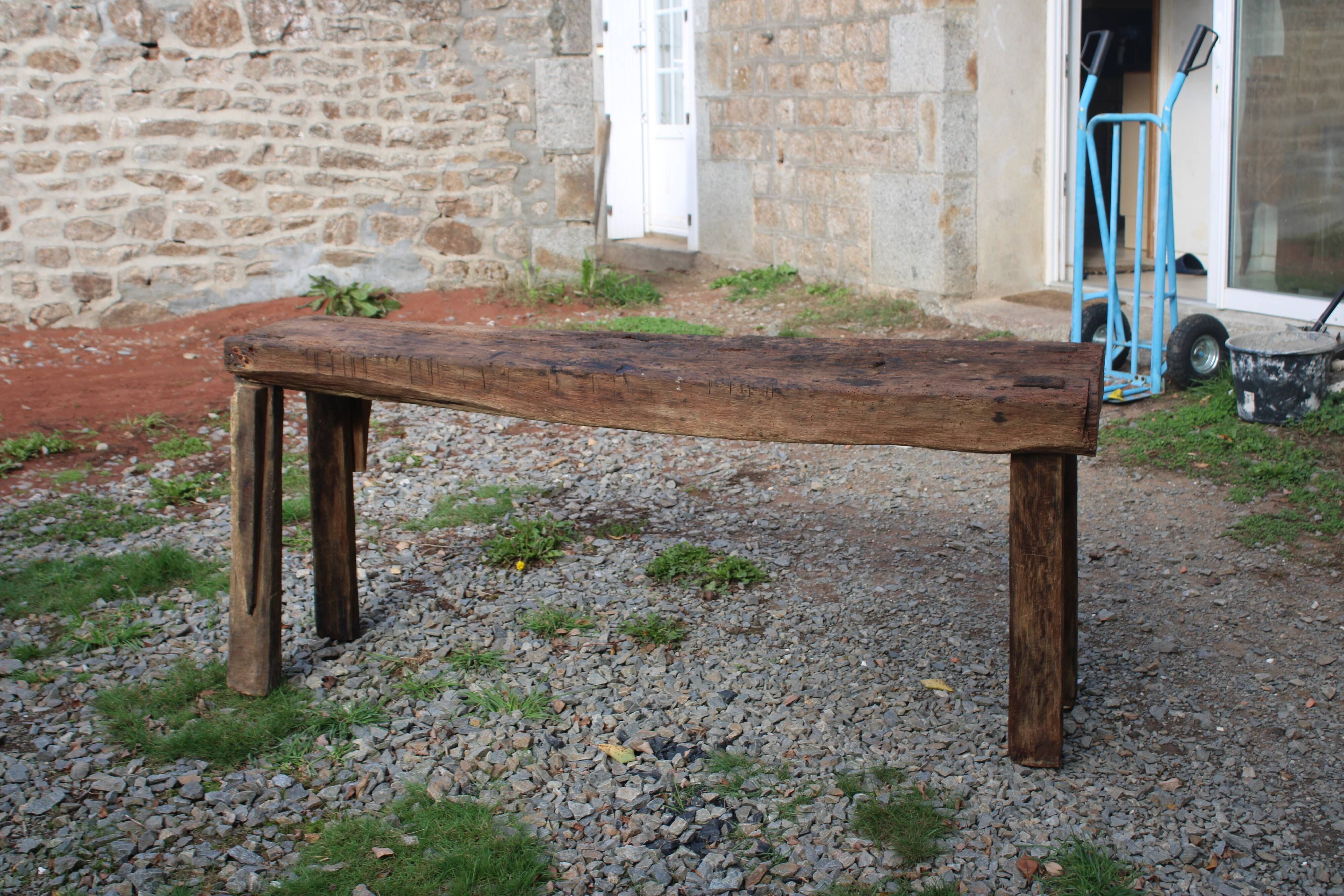 Old solid wood workbench – character console, thick top – 165 cm