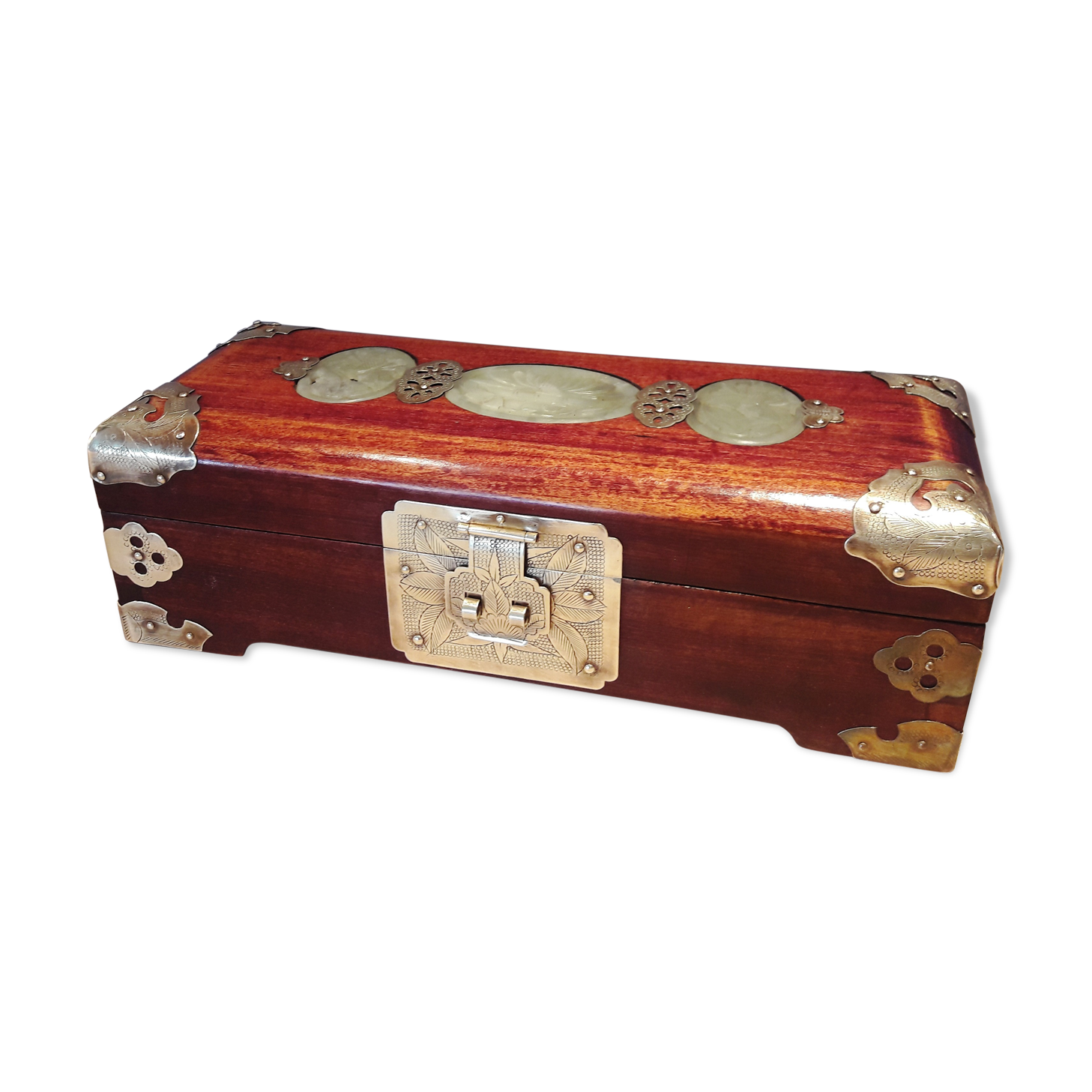 Jewelry box, Chinese jade stone - Wood - Mahogany, Brass