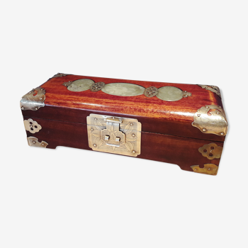 Boîte à bijoux, chinoise pierre de jade - bois - acajou, laiton
