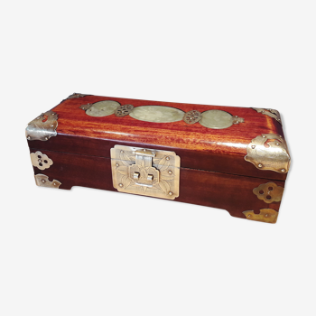 Jewelry box, Chinese jade stone - Wood - Mahogany, Brass