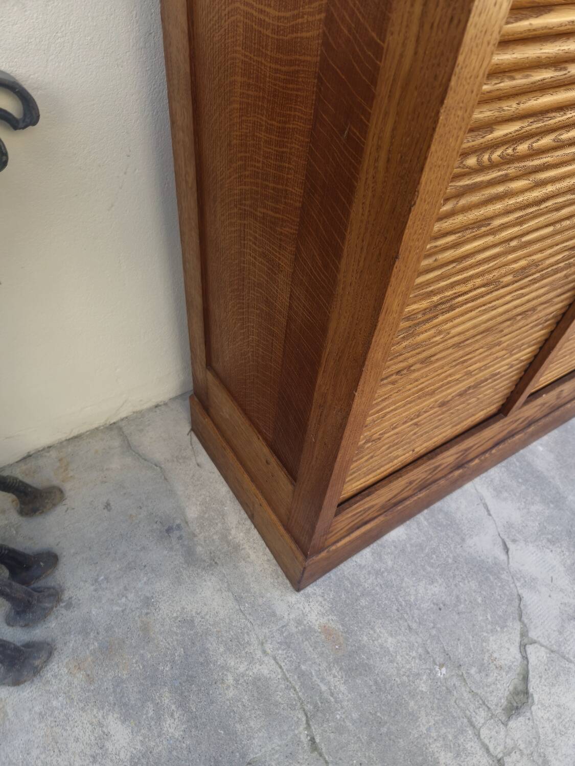 Antique 1950s double sliding door filing cabinet with curtains