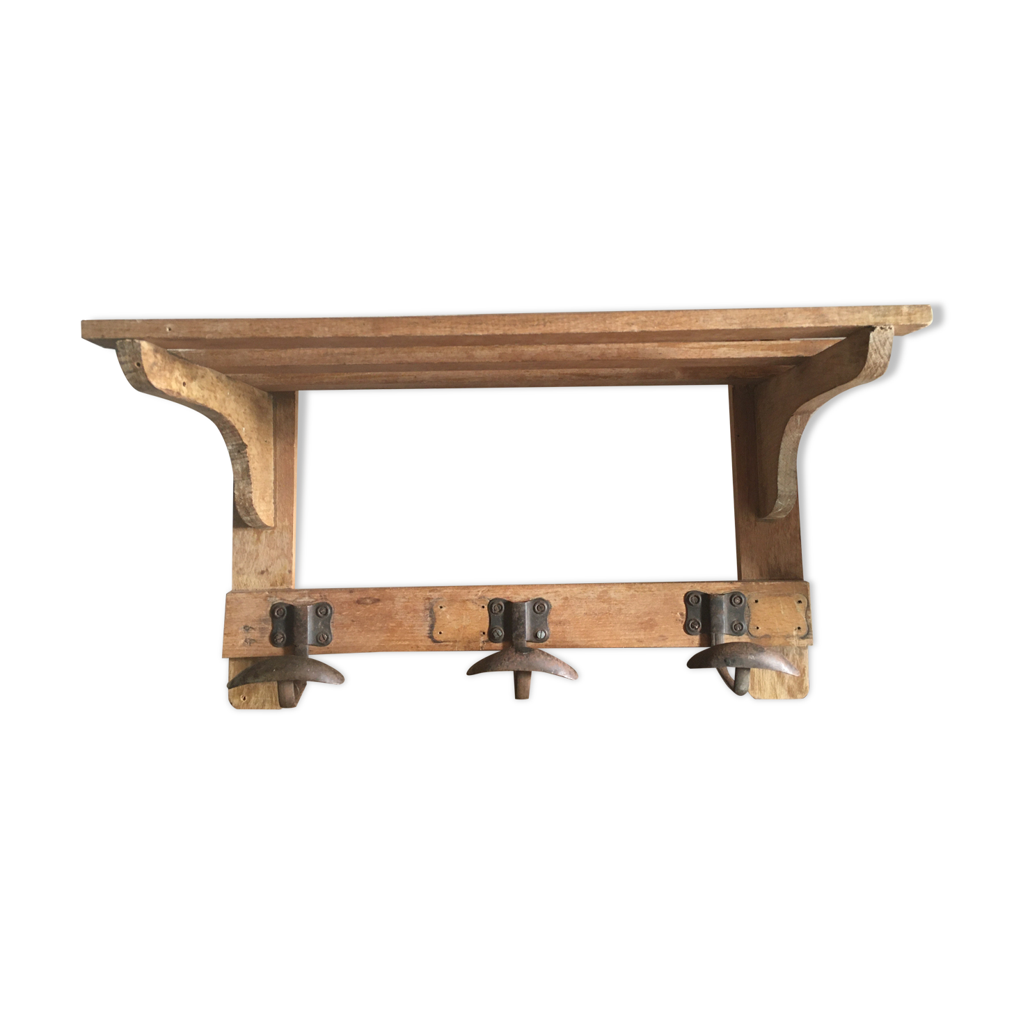 Wood shelf and metal hooks