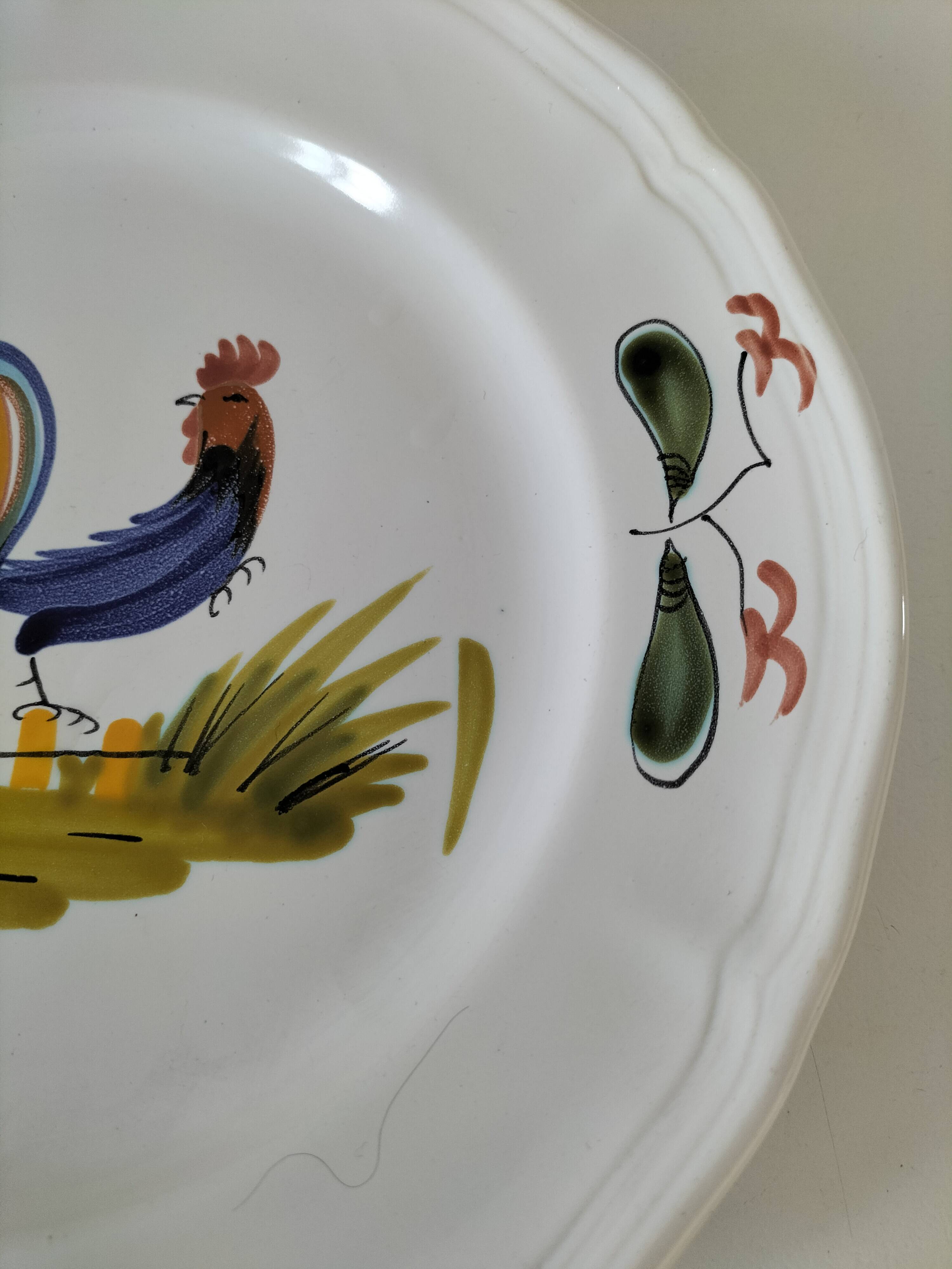 Hand-painted earthenware plate from Pornic, vintage rooster design