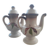 Small vintage stoneware teapot with flower and fruit patterns