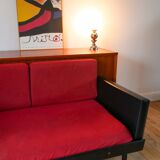 Day Bed sofa in skai, red mottled fabric and black metal 1950