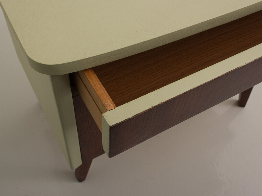 Pair of vintage bedside tables completely restyled in pale green on solid beech compass legs