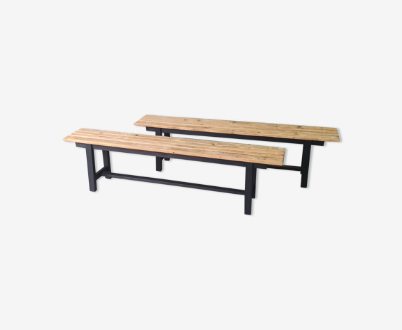Paire ancien bancs en pin industriel et vintage