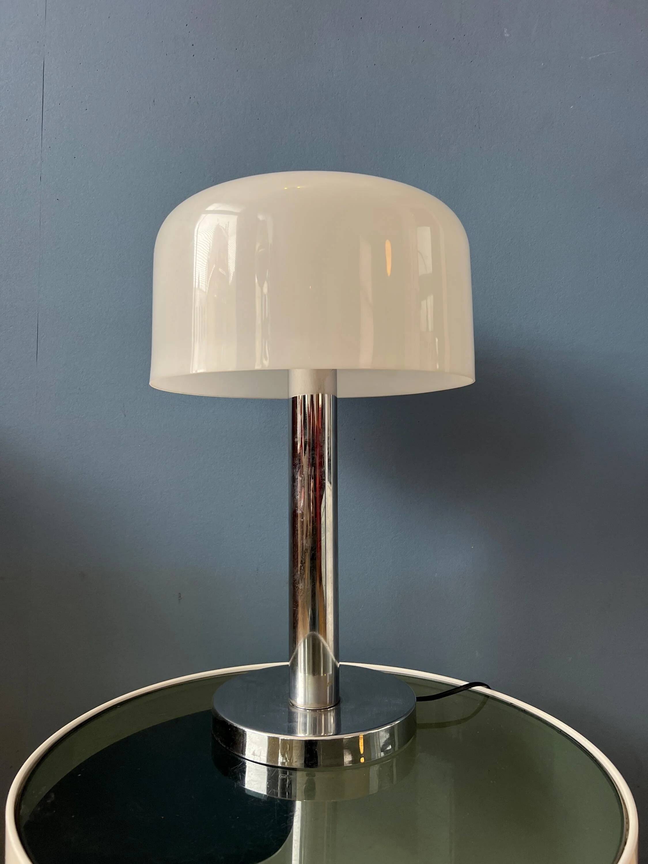Space Age table lamp in chrome with white plexiglass mushroom shade.