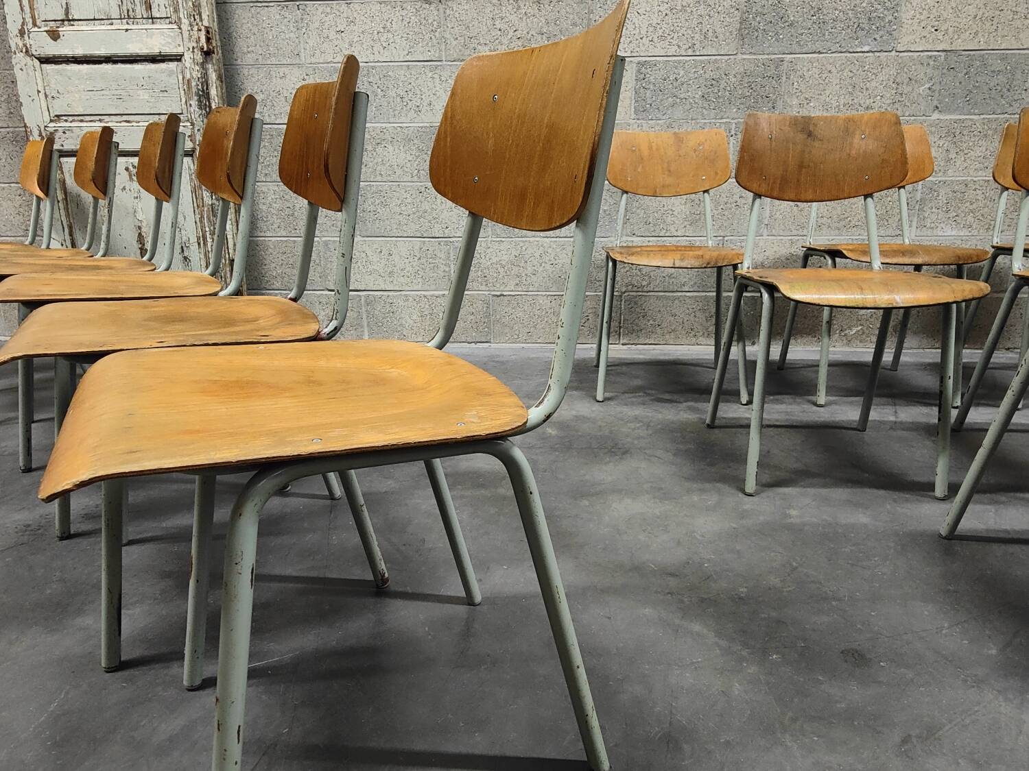 Set of 12 metal and wood school chairs Czechoslovakia Kovona